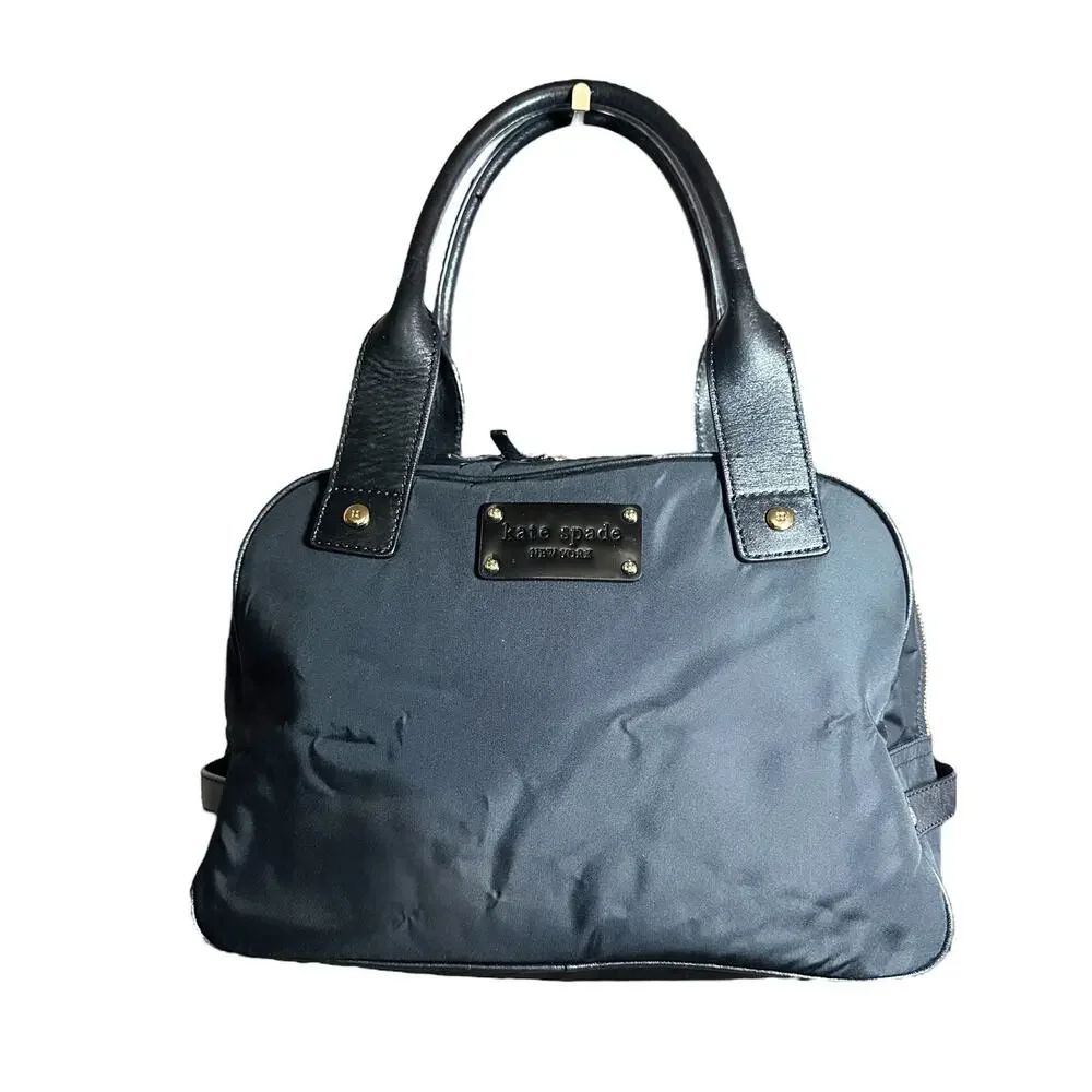 Kate Spade Nylon Shoulder Bag Purse Small Black Travel Tote Leather Trim